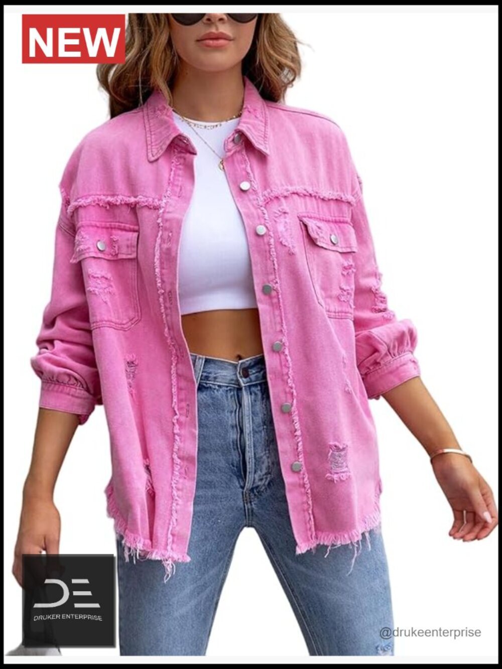Oversized Frayed Hem Denim Jacket Boyfriend Jean Coat Western Shacket